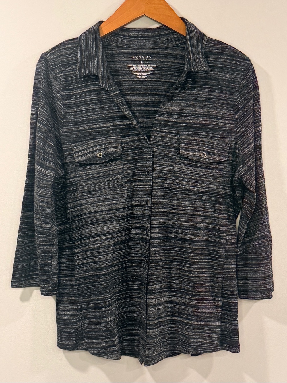 Sonoma Womens Black and Gray Space-Dye Button-Front Shirt Size L